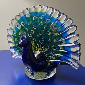 Elegant Blue and Green Glass Peacock Sculpture